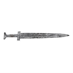 13th-6th century BC, two daggers of triangular shape with shallow fuller tapering to a pointed tip and raised midrib, short straight quillons, largest L55cm