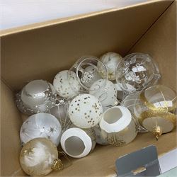 Collection of modern glass Christmas baubles, including some hand painted examples, together with a small light up chain Christmas tree and battery lights