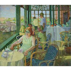 Jennifer Percival (British 20th Century): 'Edna Relaxing', oil on board faintly signed wit...