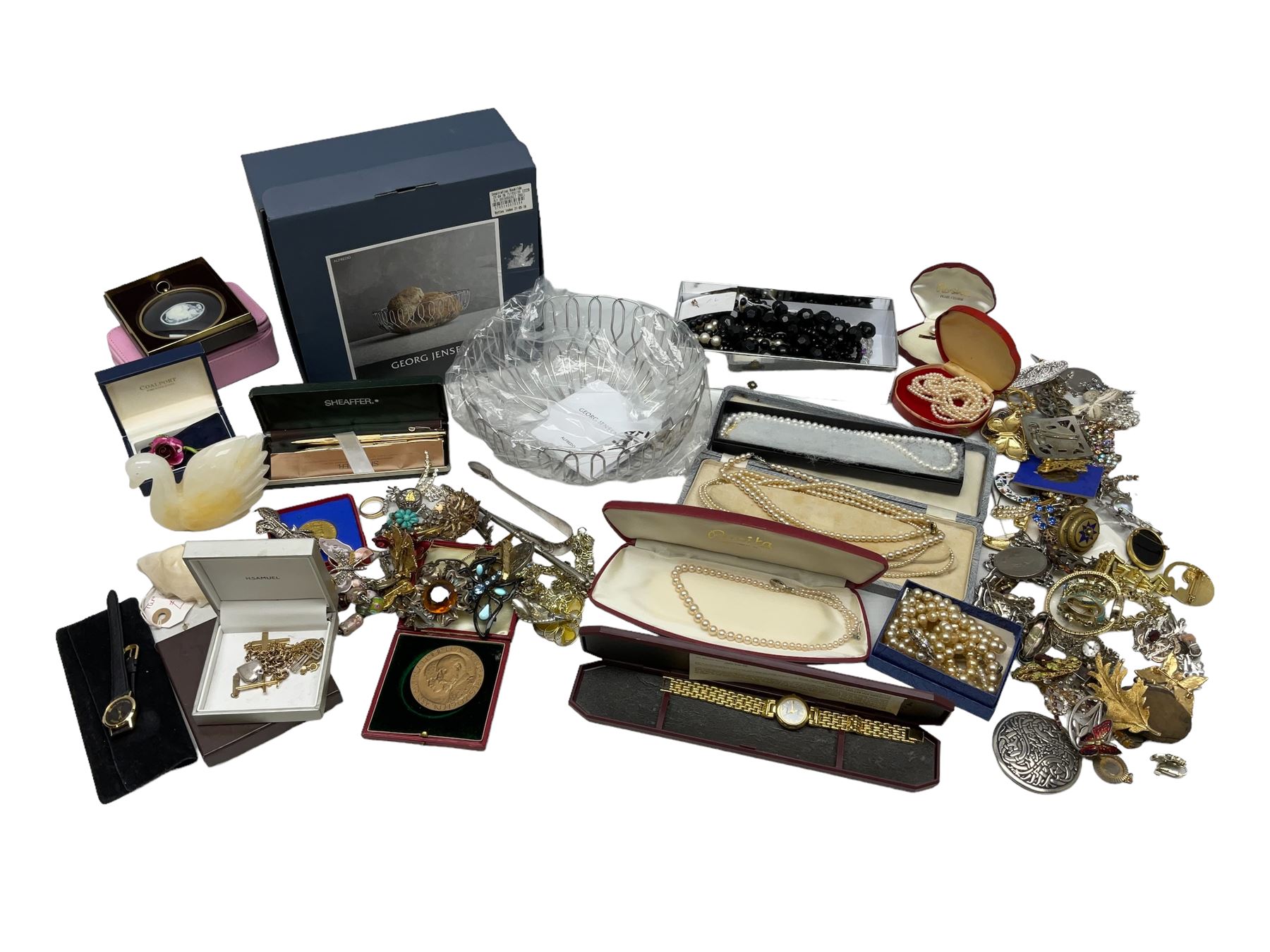 Cased set of two gold plated Sheaffer ballpoint pens, Georg Jensen boxed bowl, and quantity of vintage and later costume jewellery to include hallmarked gold cross pendant, other silver jewellery etc