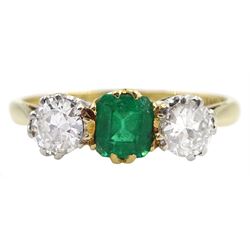 Early 20th century gold three stone old cut diamond and emerald ring, stamped 18ct Plat, the inside initialled and dated 24.7.32, total diamond weight approx 0.40 carat 