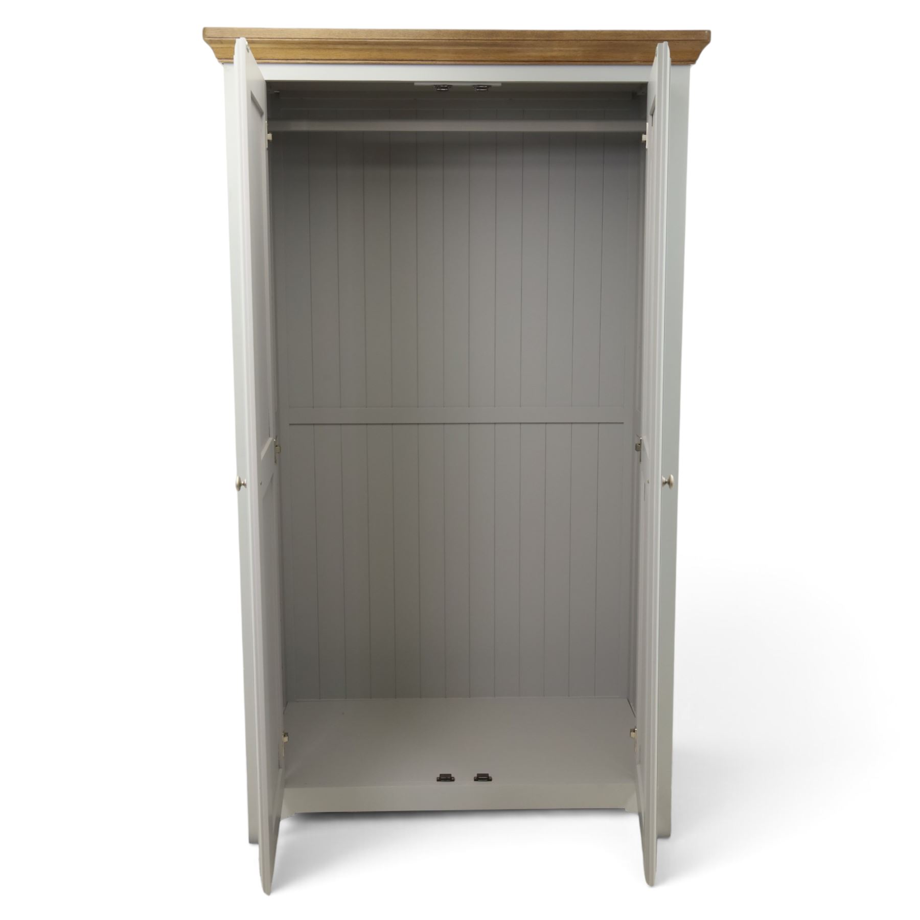 Barker & Stonehouse - Grey painted double wardrobe, with projecting oak cornice, fielded panelled doors, with wooden hanging rail, raised on bracket feet