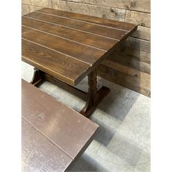 Single oak rectangular table on turned supports joined by a single stretcher (W110cm, D80cm, H75cm) and two similar square pedestal tables (W70cm, D70cm, H76cm) (3)