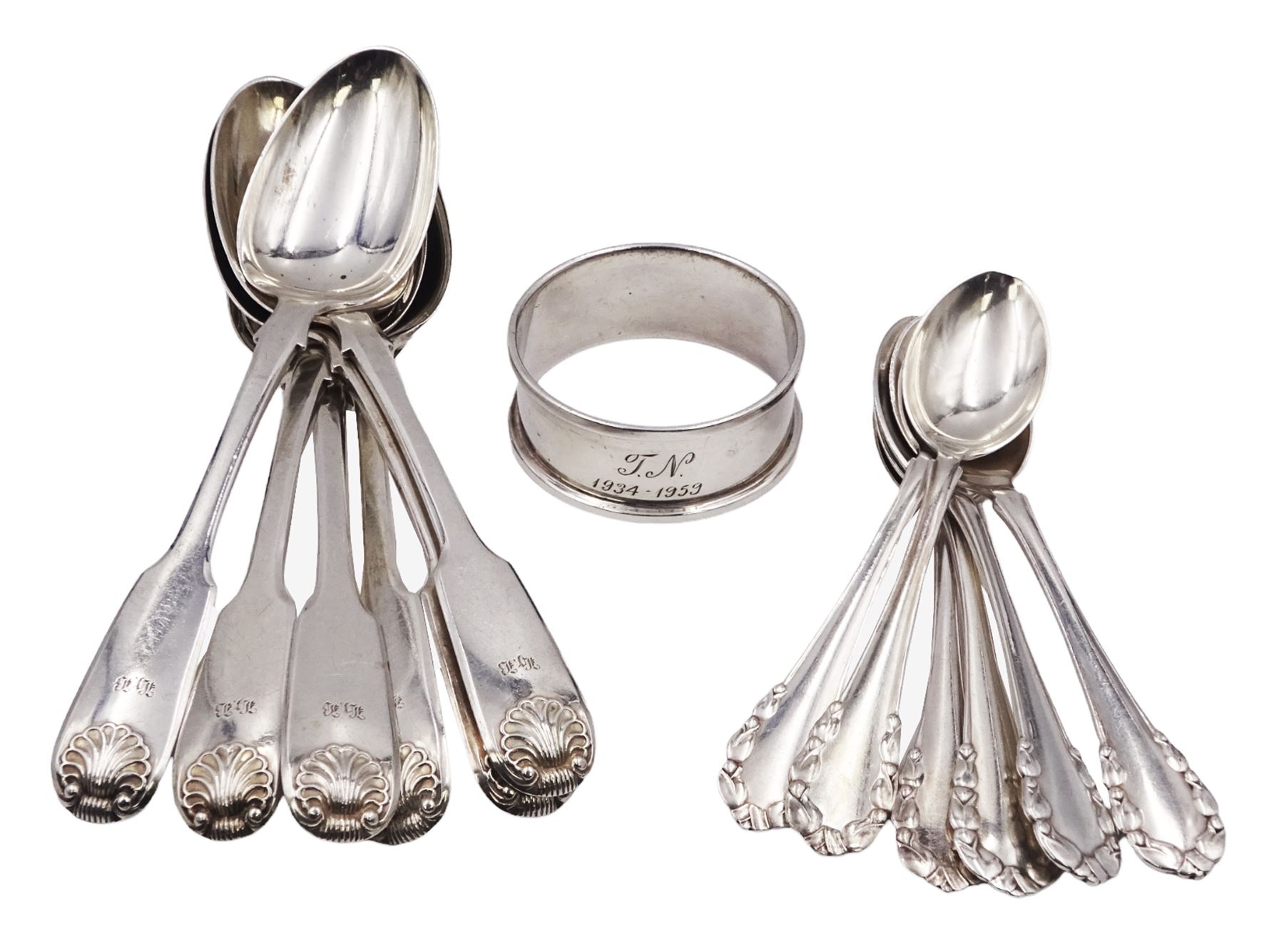 Set of six Victorian silver Fiddle Shell pattern teaspoons, hallmarked William Eaton, London 1841, together with a set of six George Jensen silver coffee spoons, hallmarked Stockwell & Co, London import 1924, 1925, 1928 and 1931, also marked with George Jensen mark circa 1910-1925, and stamped 925S, and a mid 20th century silver napkin ring, hallmarked Charles S Green & Co Ltd, Birmingham 1957, approximate total weight 7.66 ozt (238.2 grams)
