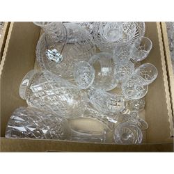 Quantity of glass ware to include Edinburgh examples, decanters, drinking glasses, bowls etc in three boxes