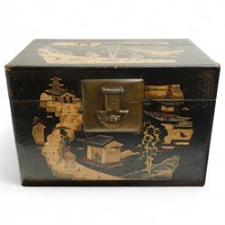 Early 20th century Chinoiserie black lacquered box, decorated with traditional farming and...