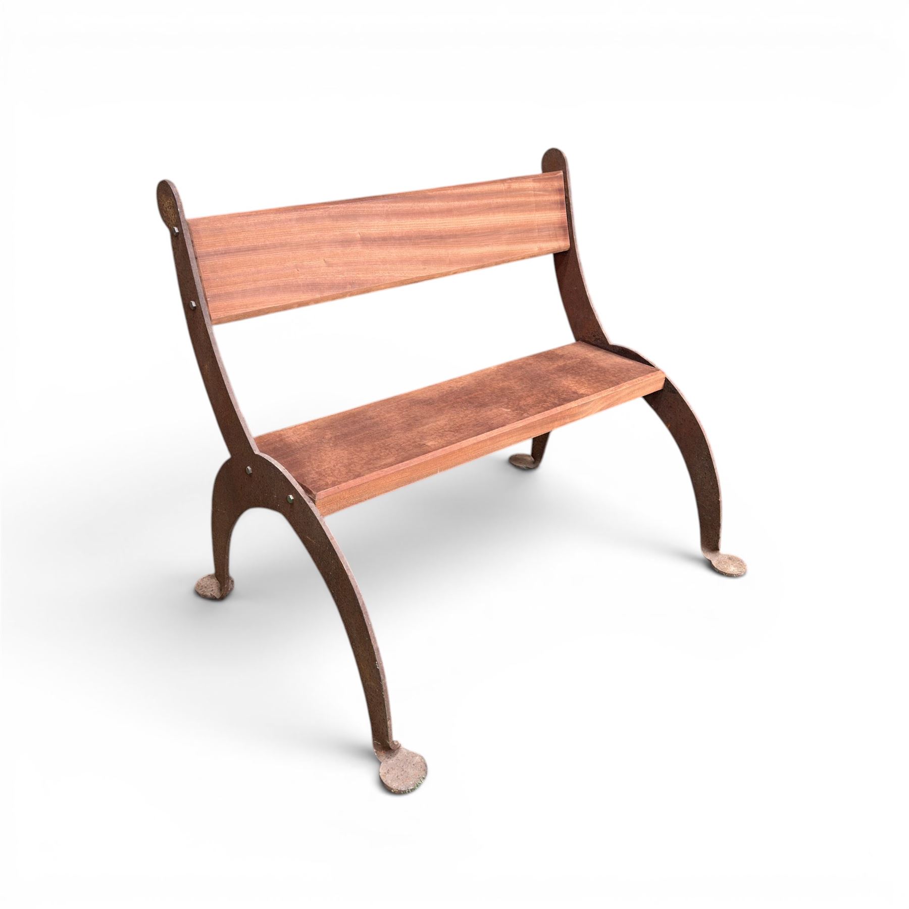 Corten steel industrial minimalism garden bench, sapele hardwood plank seat and backrest, unfinished steel with stained timber