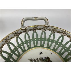 Pair of 19th century German openwork chestnut baskets, with twin handles and scrolling gilt border and star rim, painted to the centre with birds and insects, D22cm 