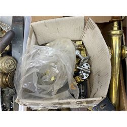 Brass stair rods, together with other fixtures and fittings, including door knobs, coat racks, locks, etc three boxes