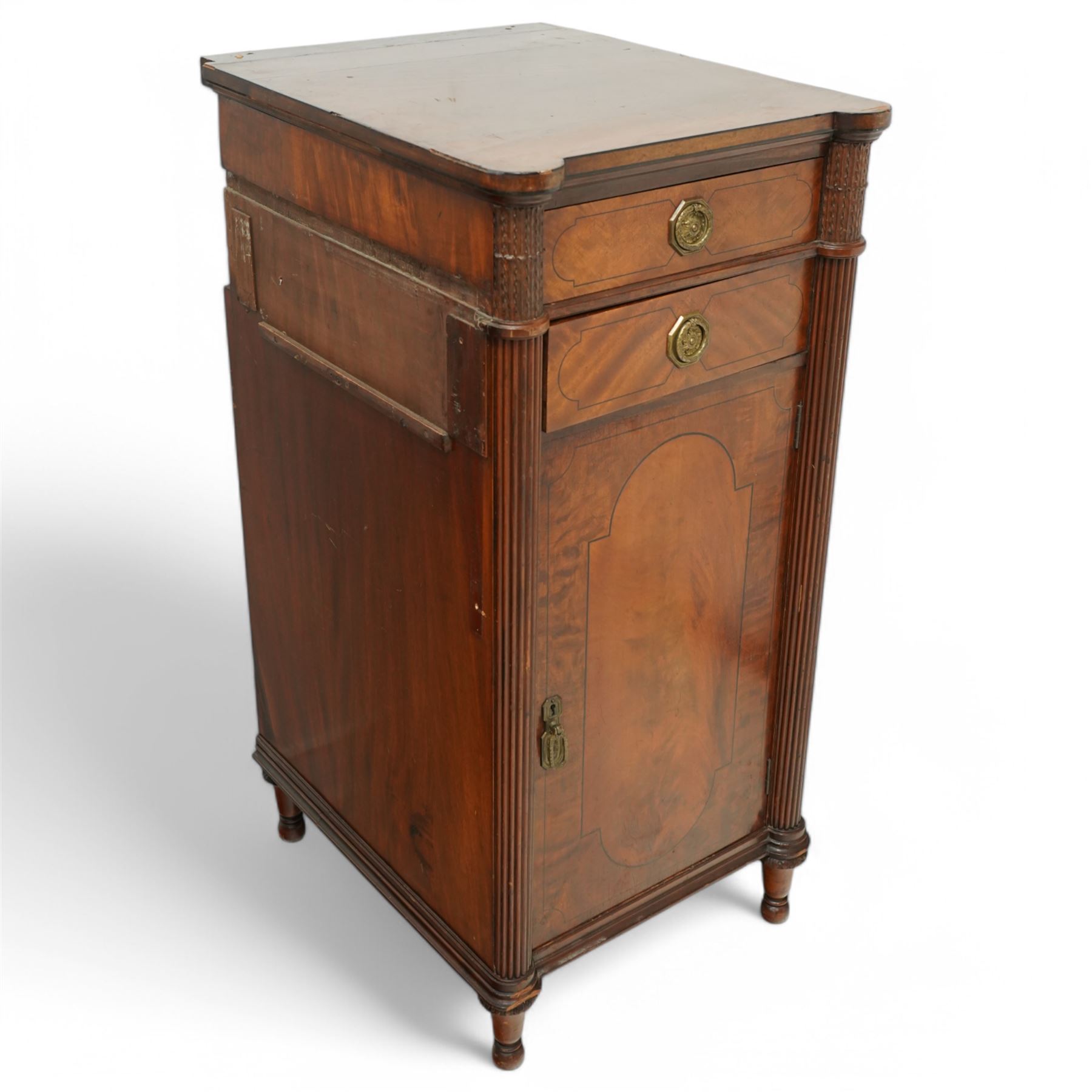 19th century mahogany Hepplewhite design pedestal sideboard or pair of bedside pedestals, each pedestal fitted with two drawers and cupboard, decorated with figured panelled doors and ebony stringing, curled leaf carved mounts over reeded half columns, on turned feet 