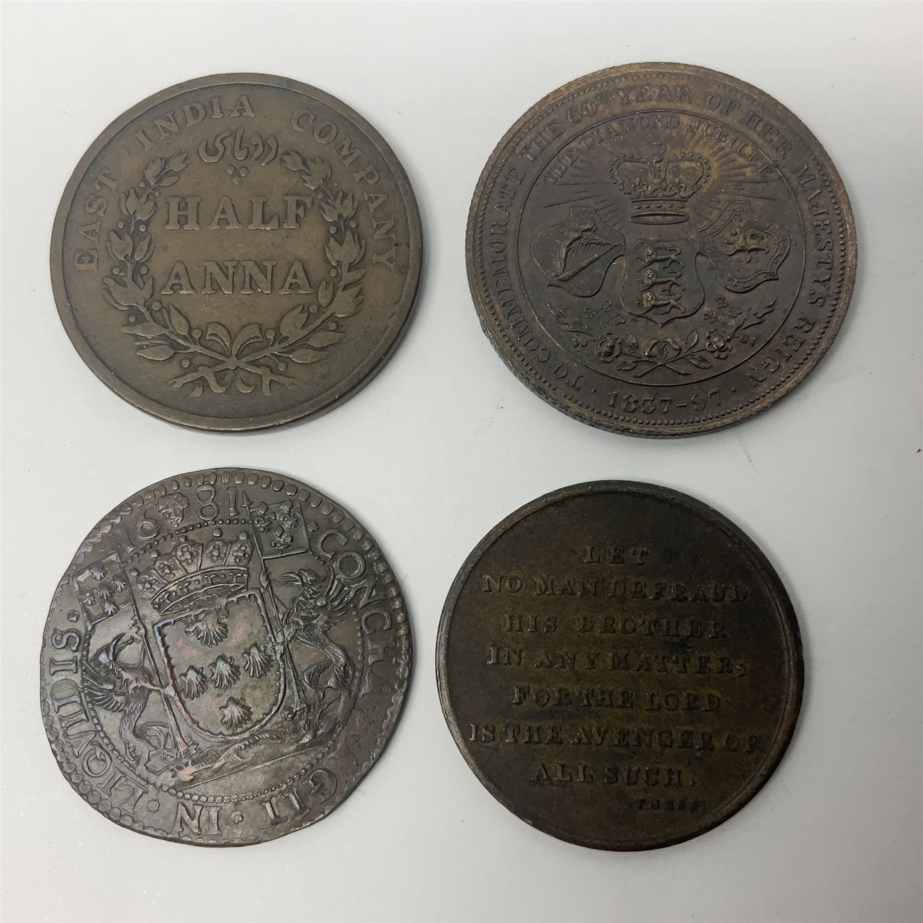 Coins, tokens, paranumismatic and miscellaneous items, including United States of America 1850 one cent, 1877 one dime, 1884 five cents, 1926 Liberty dime etc, Queen Victoria New Brunswick 1843 one penny token, East India Company 1845 half anna, Chinese cash coins, Grand Lodge of Maryland November 16th 1886 Centennial Session medallion etc