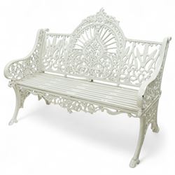 Coalbrookdale design - painted cast iron garden bench, pierced back with central palmette ...