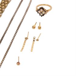 9ct gold jewellery including opal sapphire ring, pair of heart earrings, single earring, two silver necklaces, pair of gilt studs and Tissot watch