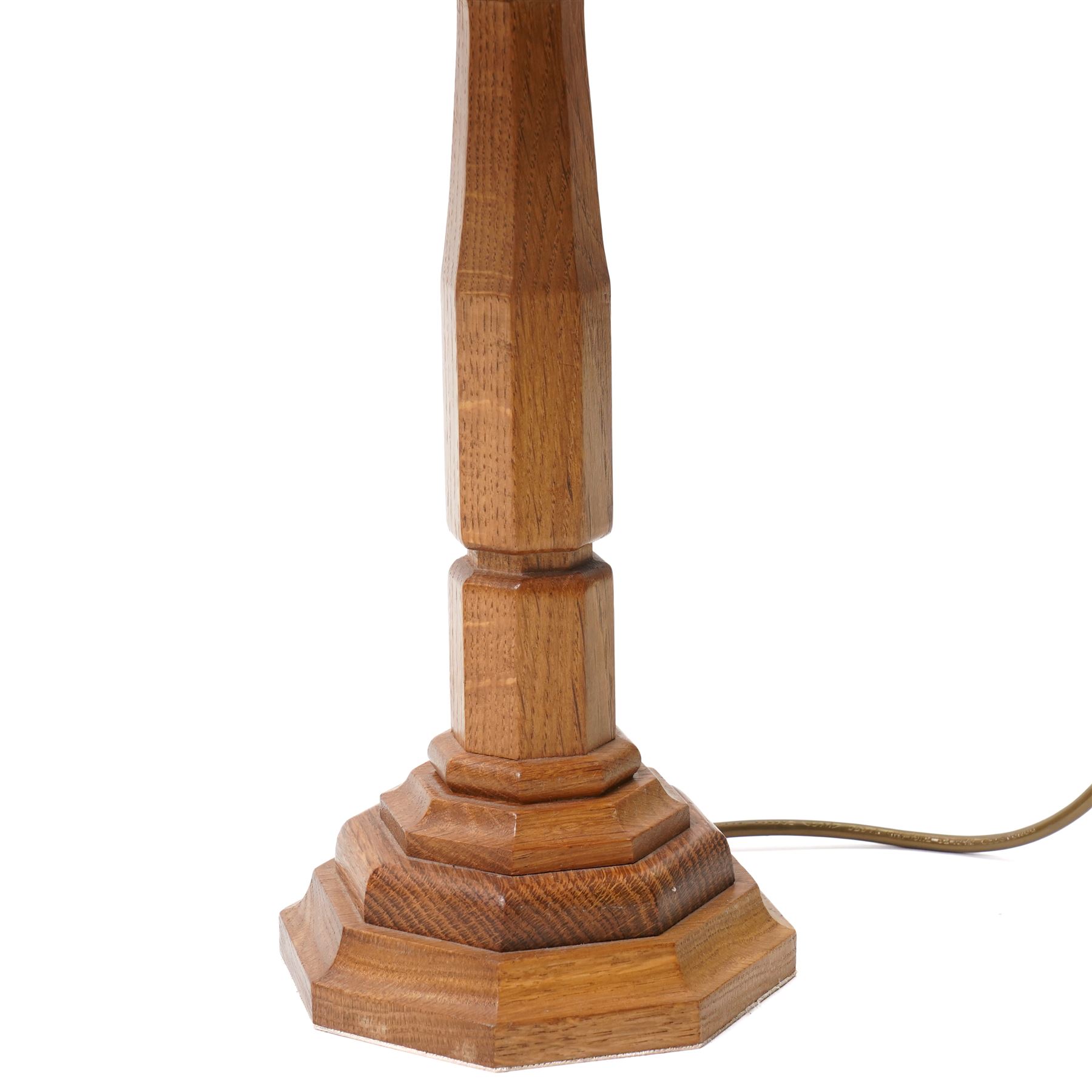Near pair of Yorkshire oak table lamps of panel sided design on stepped hexagonal bases, taller 31.5cm excluding fitting