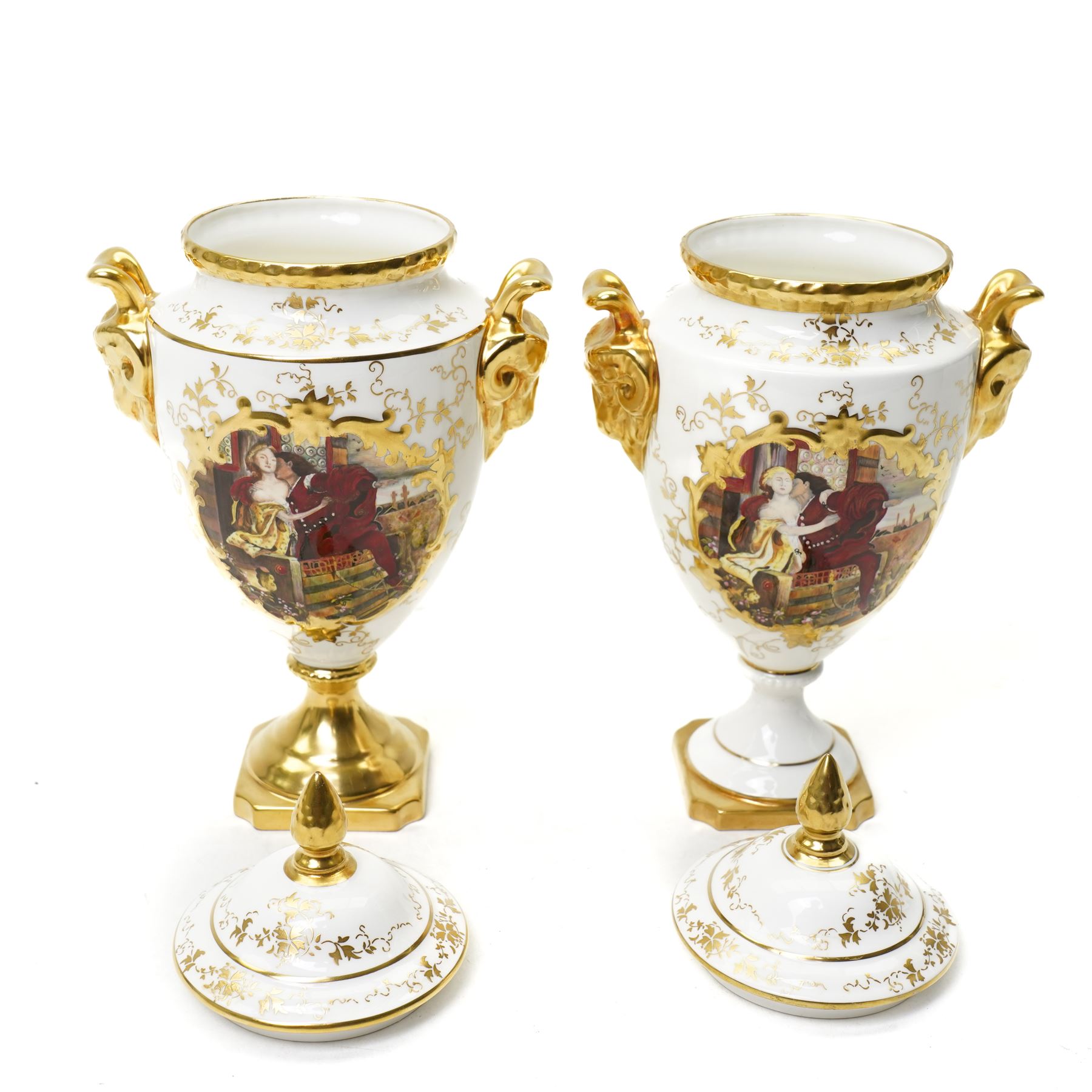 Two Coalport Romeo and Juliet vases, painted by Mary Dennis, blue printed marks to base, H24cm (2)