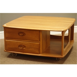  Ercol 'Windsor Pandora's Box' light finish elm square coffee table, two drawers and book storage, 80cm x 80cm, H39cm   