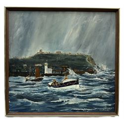 Robert Sheader (British 20th century): Boats Leaving Scarborough Harbour, oil on board signed 46cm x 49cm