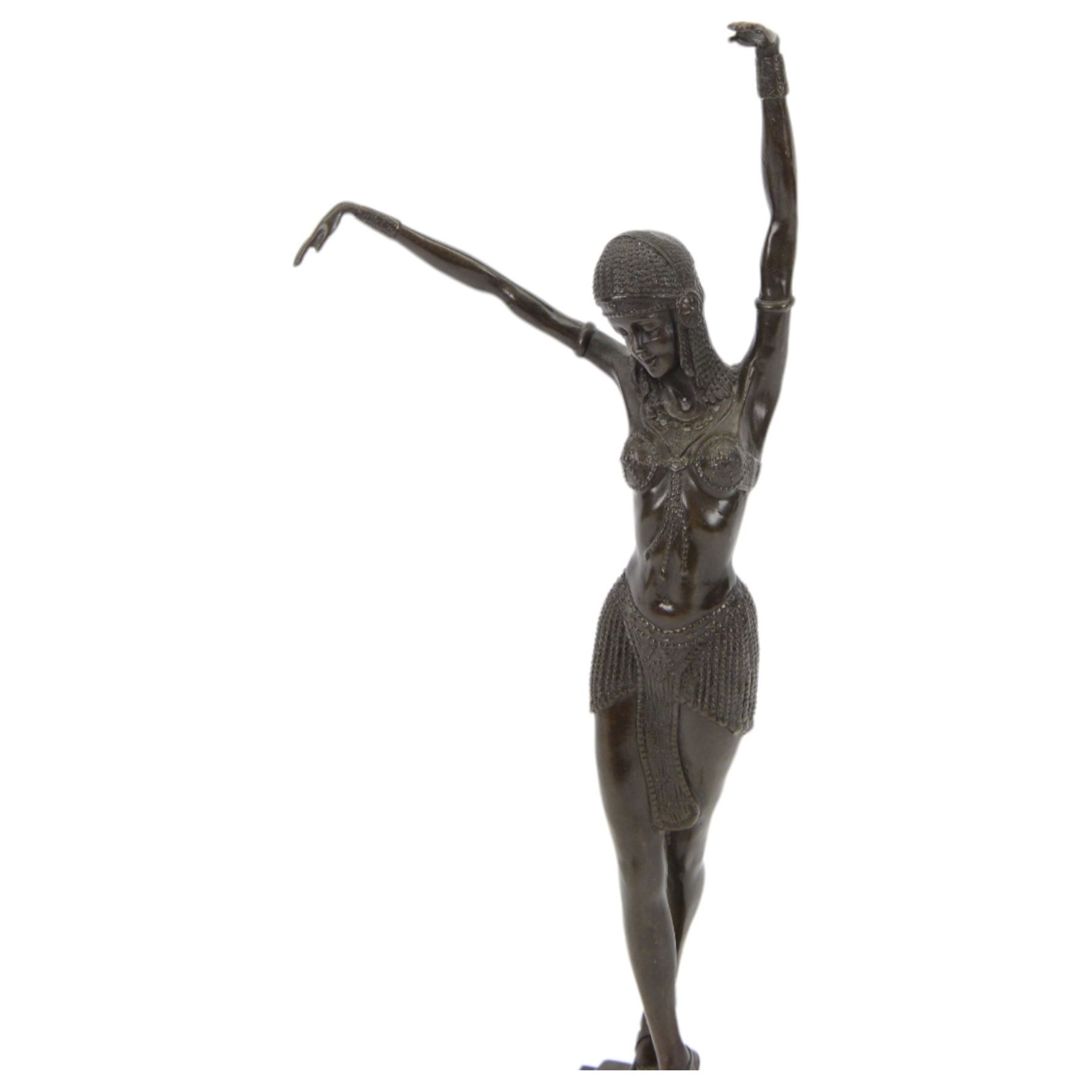 Art Deco style bronze figure of a female dancer after Demetre Chiparus, with signature to base, upon a black marble plinth, H49cm