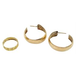 Pair of 9ct gold hoop earrings and an 18ct gold wedding band