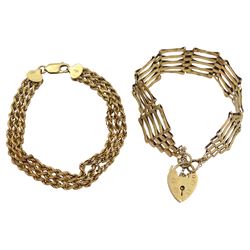 Gold five bar gate bracelet and a gold roe twist bracelet, both 9ct
