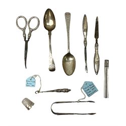 Small group of silver, to include Georgian Fiddle pattern teaspoon, later teaspoon, sugar tongs, etc., all hallmarked, approximate weighable silver 59 grams, approximate gross weight 113 grams