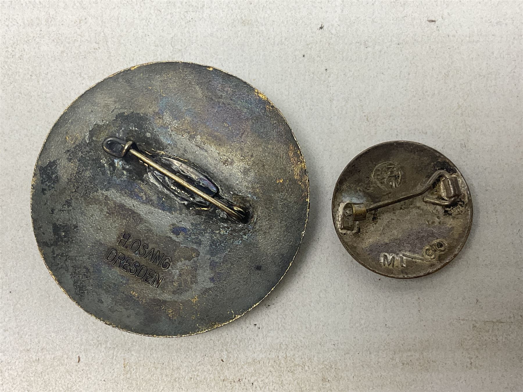 WW2 German NSDAP Party members enamel pin badge by RZM numbered M1/90; and 1936 XI Olympiade Berlin enamel badge by H. Osang, Dresden (2)