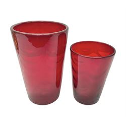 Marriott Powell for Whitefriars, Optic Wave red glass bucket vase, together with similar smaller example, tallest H20cm