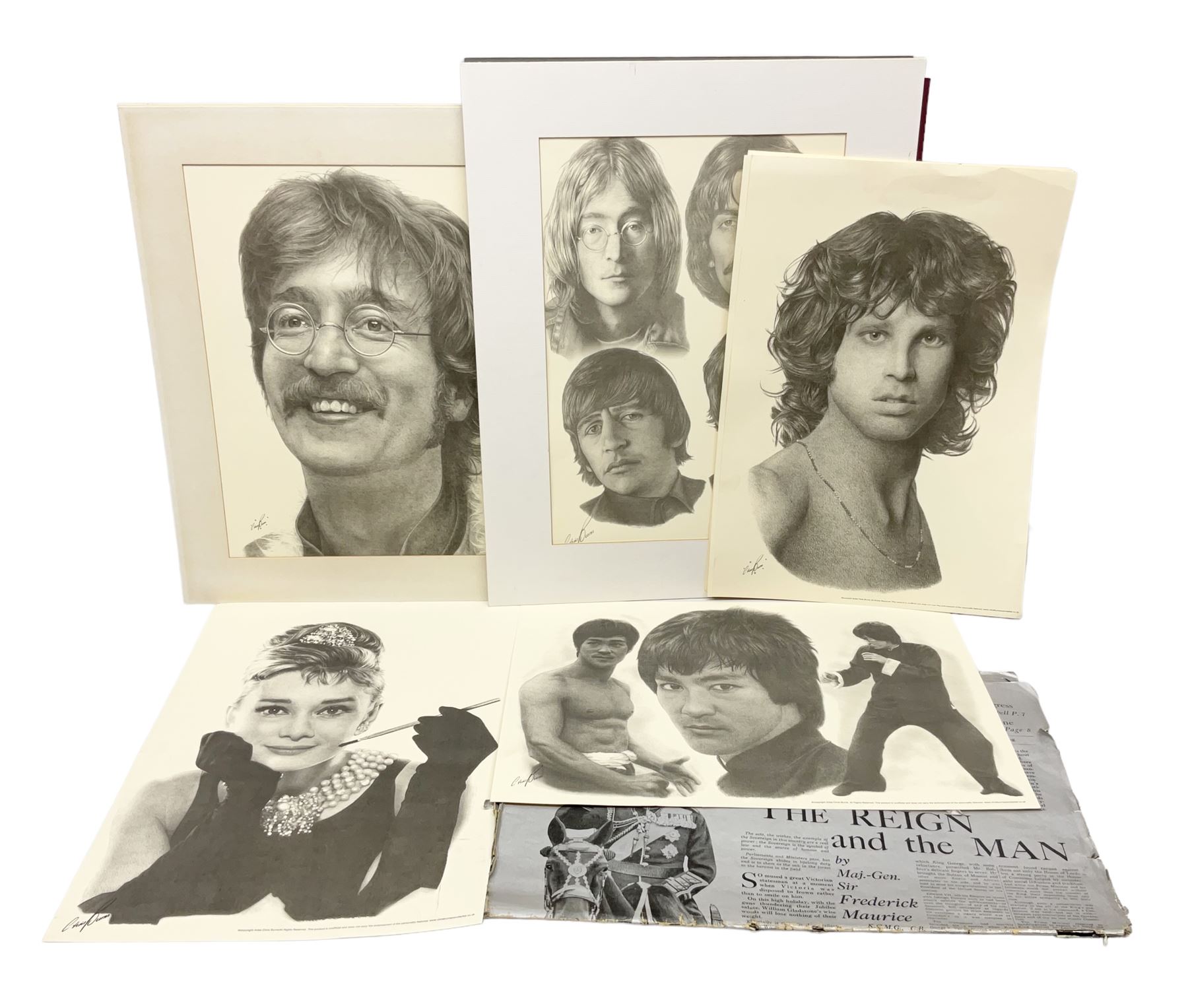 After Chris Burns, twenty-one unframed monochrome prints of pop, film and sports stars including The Beatles, John Lennon, Jimi Hendrix, Madonna, Marilyn Monroe, John Wayne, Bruce Lee, Audrey Hepburn, David Beckham, Manchester United etc. 29.5 x 42cm; some card mounted; and 1935 Silver Jubilee Daily Mail newspaper