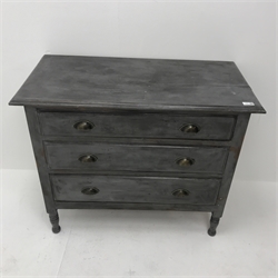 Early 20th century painted chest, three drawers, turned supports, W91cm, H76cm, D45cm
