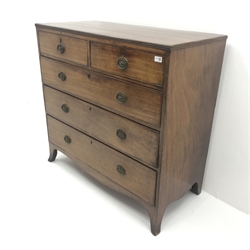 19th century mahogany chest, two short and three long drawers, shaped plinth base, W106cm, H103cm, D51cm