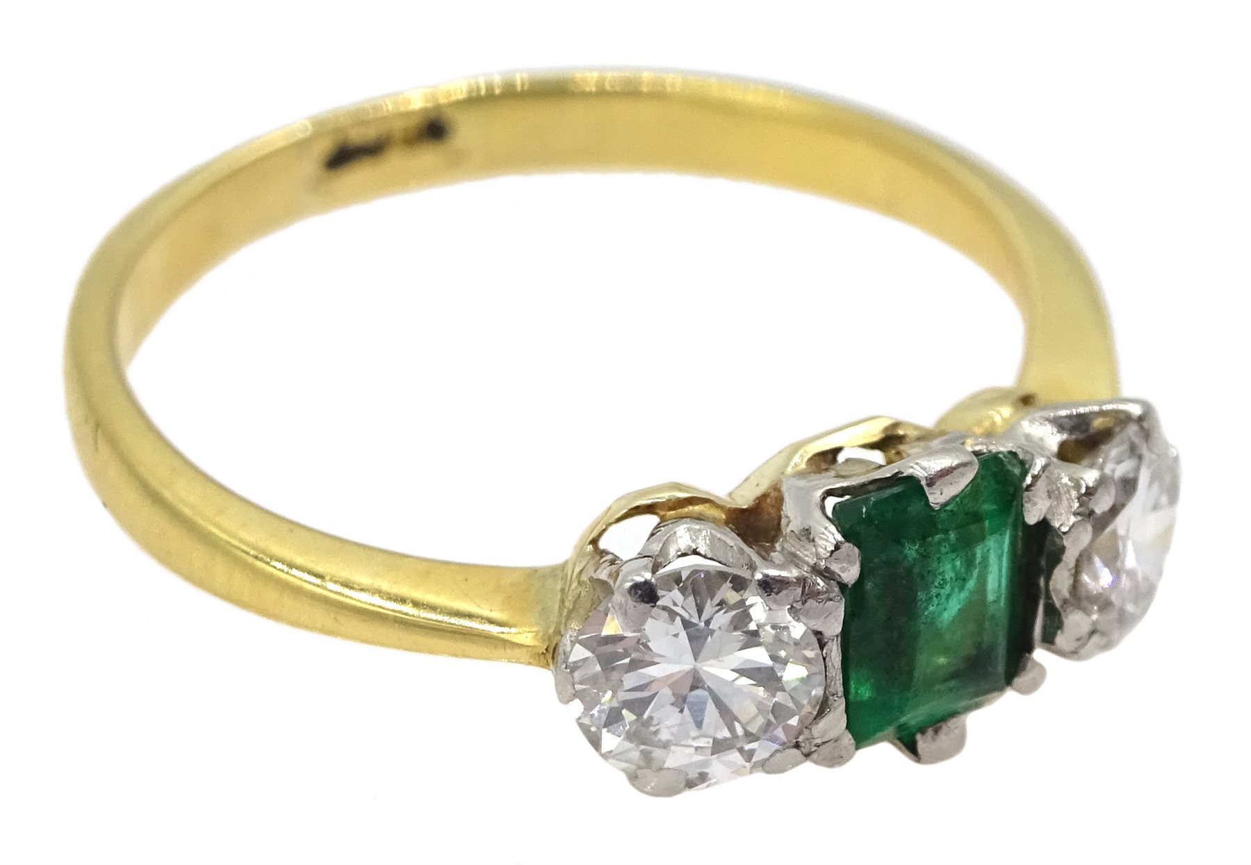 18ct gold emerald and round brilliant cut diamond ring, total diamond approx 0.40 carat
