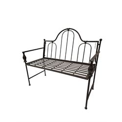 Wrought metal central arch shaped back garden bench in dark metallic finish - THIS LOT IS TO BE COLLECTED BY APPOINTMENT FROM DUGGLEBY STORAGE, GREAT HILL, EASTFIELD, SCARBOROUGH, YO11 3TX