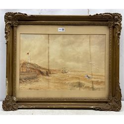  John Speedy (British late 19th century): The Brig 'Mary & Agnes' in distress off Whitby with the Lifeboat 'Robert Whitworth' in attendance 24th October 1885, watercolour with scratching out heightened in white signed and dated 1885, 34cm x 52cm This scene showing figures on the Battery and on Upgang Beach was also photographed and documented by Frank Meadow Sutcliffe