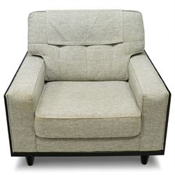 G Plan - ‘Agatha’ armchair, upholstered in light grey chenille fabric with buttoned backre...