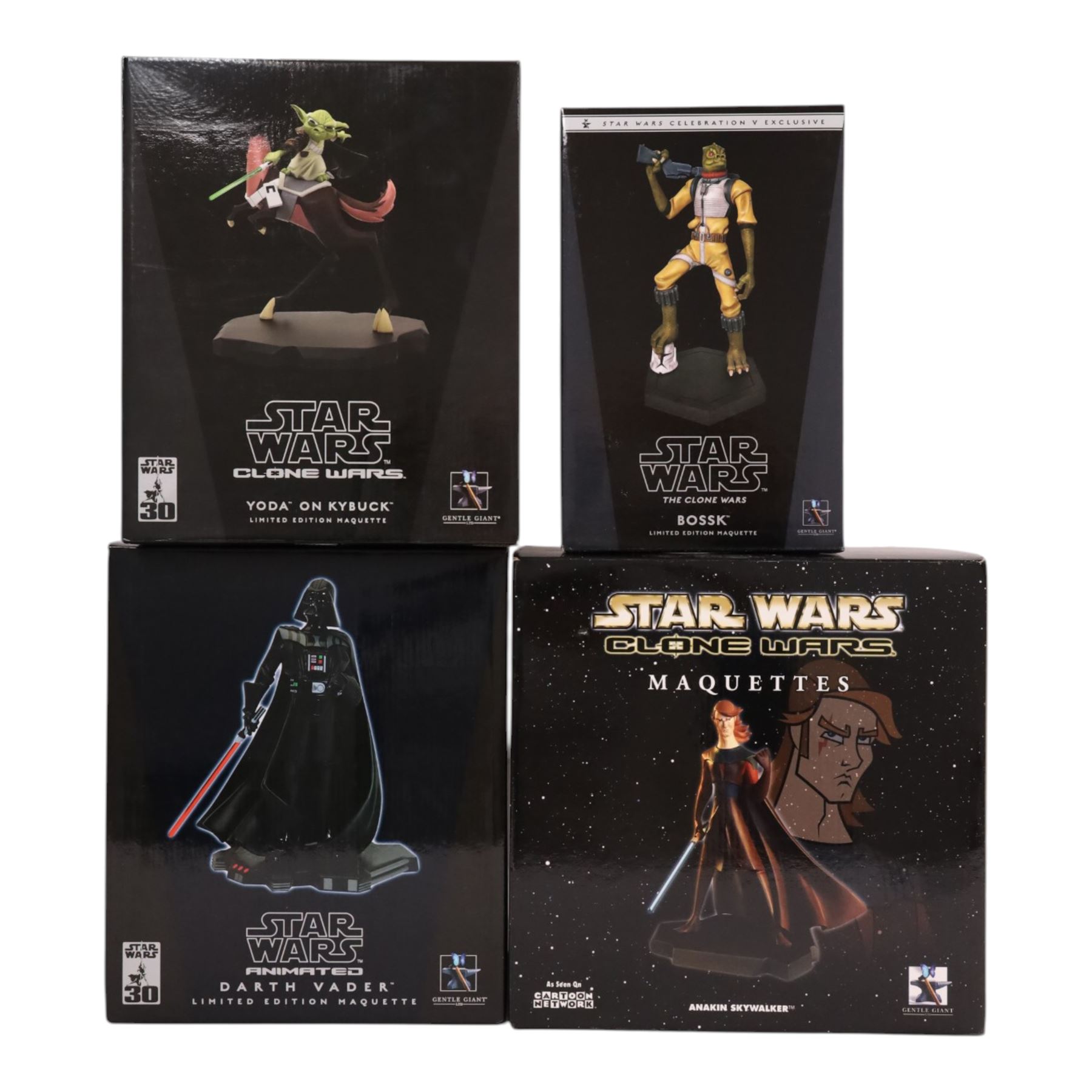 Four Gentle Giant Star Wars Maquettes, comprising The Clone Wars Bossk, Anakin Skywalker and Yoda on Kybuck and an animated Darth Vader, all boxed