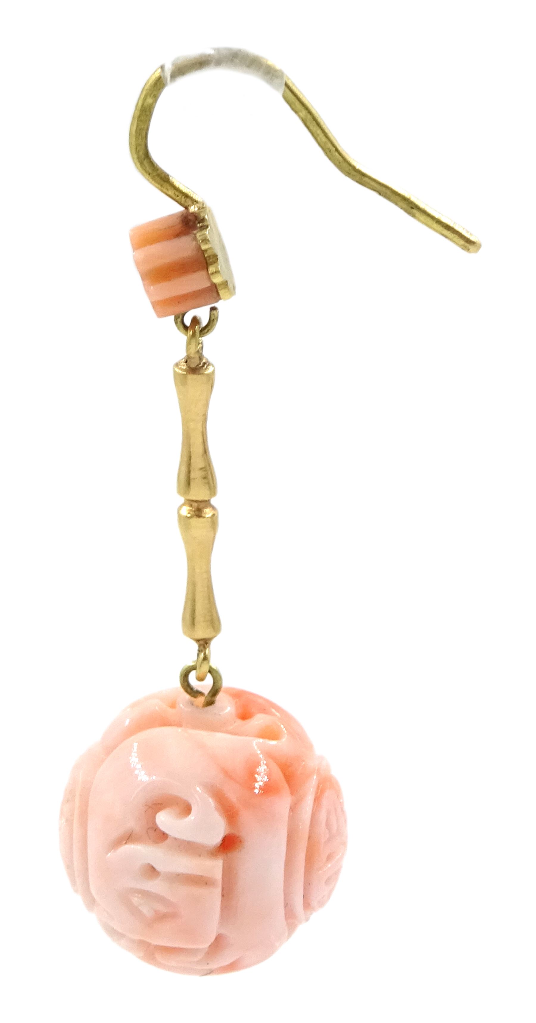 Pair of 18ct gold carved coral pendant earrings