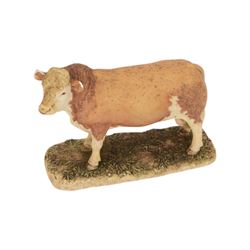 Three Border Fine Arts cow figure groups, comprising Belgian Blue Cow and Calf A1252, Hereford Bull A20848 and Simmental Bull L102