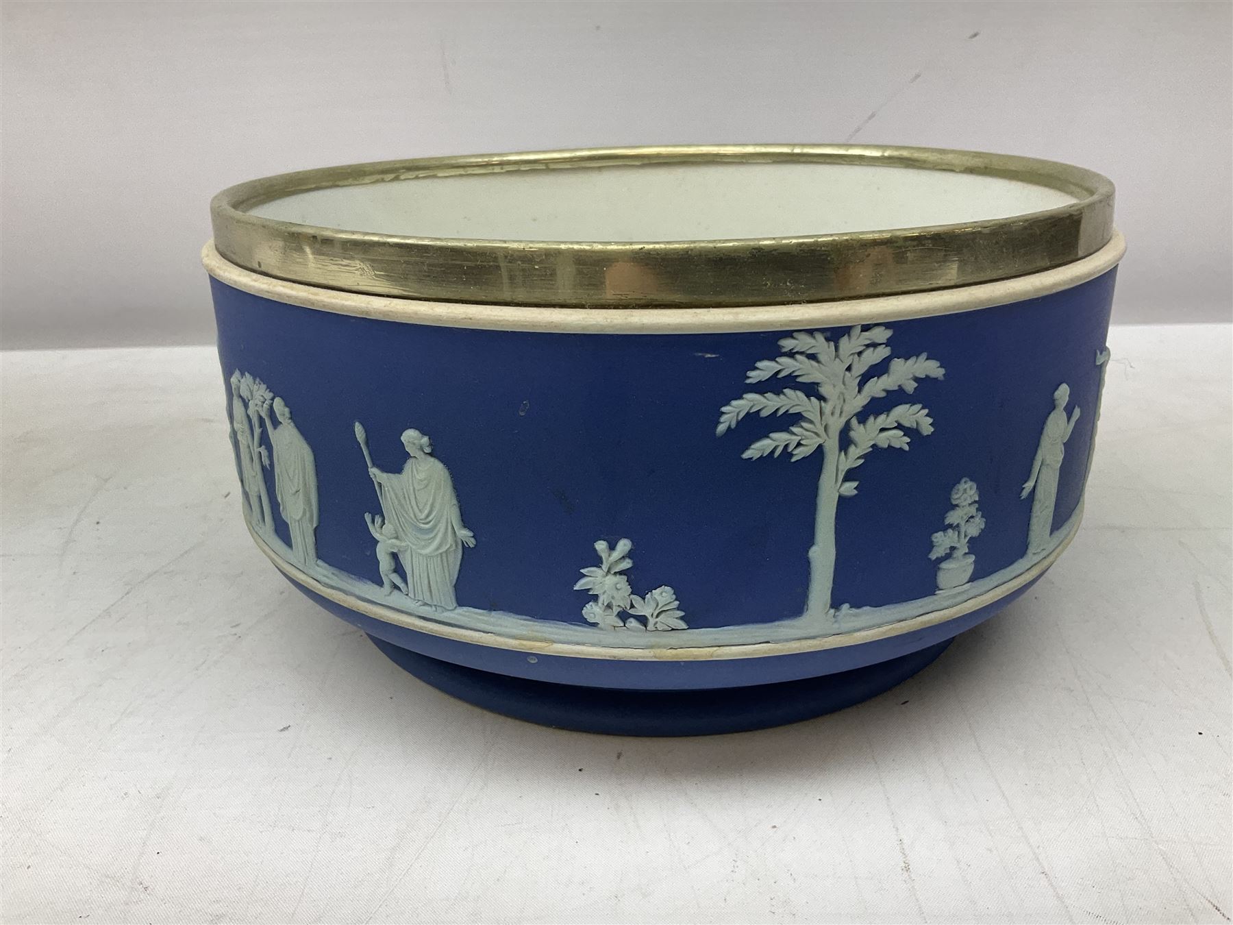 Wedgwood blue Jasperware salad bowl with silver plated collar and matching servers, bowl D22.5cm