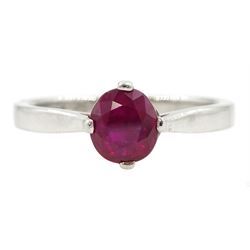 Platinum ruby ring, four claw set with a single oval cut ruby of approx 1.00 carat hallmarked
