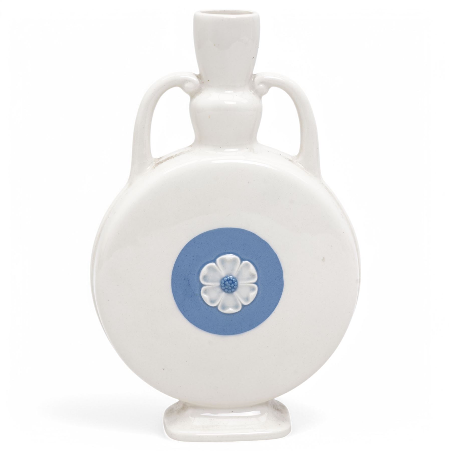 Pate sur pate two handled pilgrim flask modelled by Eric Owen with cherubs on a blue circular panel , white rose to the reverse, inscribed and dated 1956 H20cm