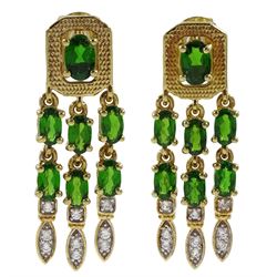 Pair of silver-gilt green garnet and cubic zirconia dress tassel stud earrings, stamped 925