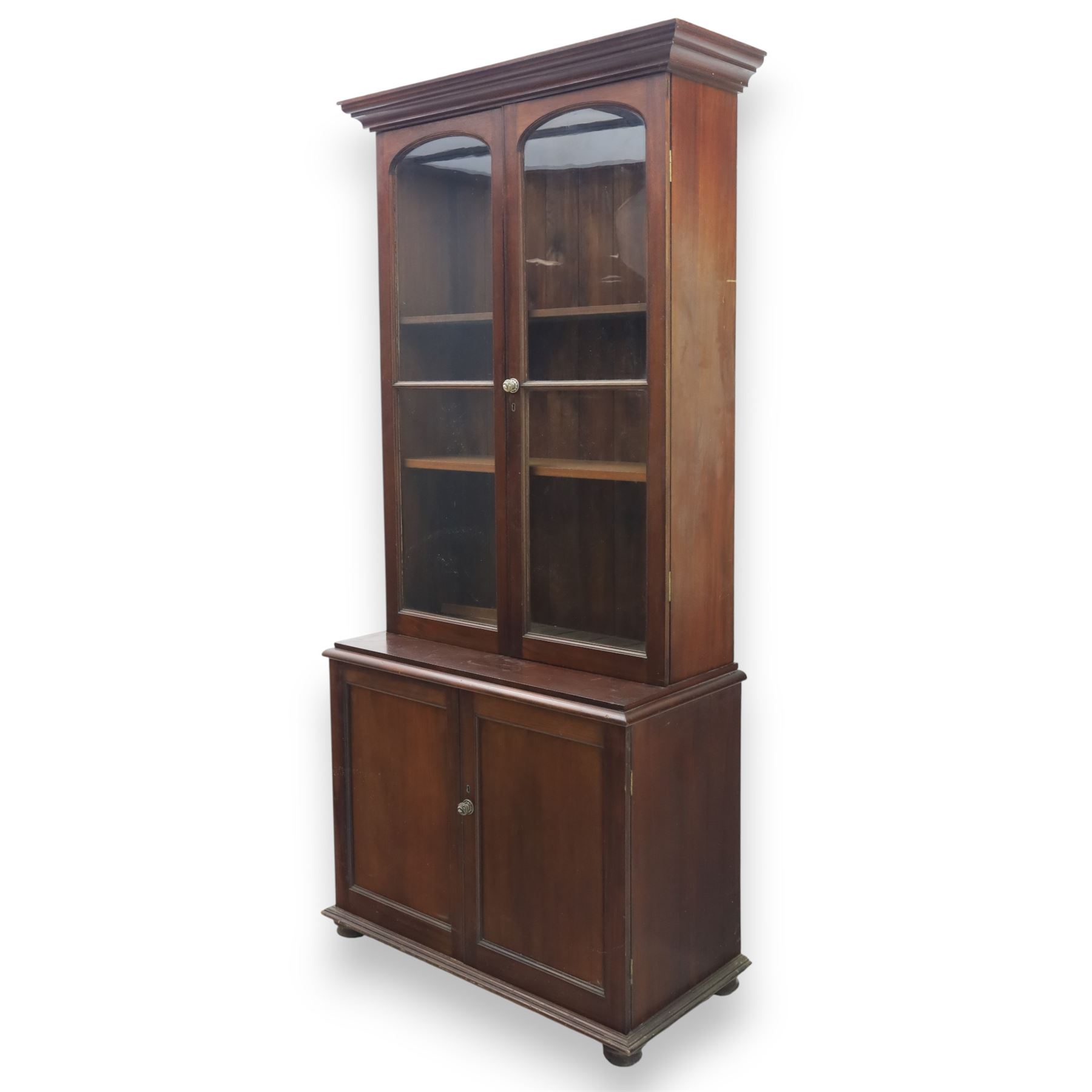 20th century mahogany display bookcase, projecting moulded cornice over a pair of glazed doors with shaped upper glazing and plain lower panes, opening to reveal shelved interior, the base with two recessed panel cupboard doors, raised on a moulded plinth with compressed bun feet