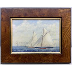 Geoff Hunt RMS (British 1948-): 'Britannia and Valkyrie II off The Needles 1893', oil on board signed and dated '90, titled and inscribed verso 8.5cm x 12.5cm