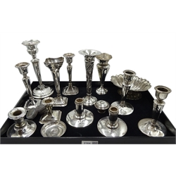  Pair of Masonic dwarf candlesticks inscribed 'Donyo Sabuk 4070. E.C 1956 by William Adams Ltd, Early 20th century candlestick by James Deakin & Sons, Sheffield 1915, collection of silver candlesticks, all hallmarked and a silver dish stamped 800  