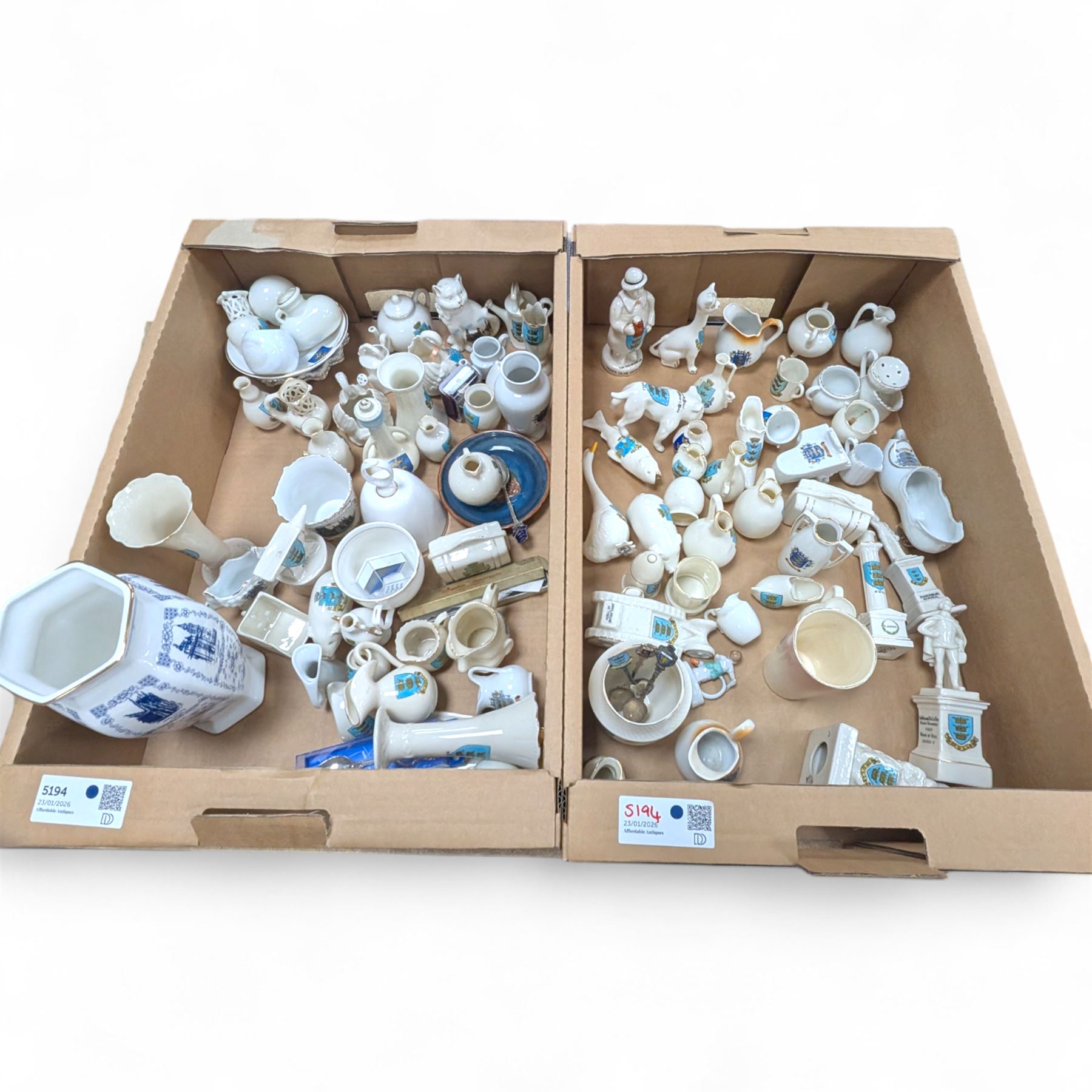 Large collection of Hull crested ware, including animals, figures, piano, vases, etc, by Carlton Ware, Waterfall Heraldic China, W.H Goss, etc and a silver spoon with Hull crest