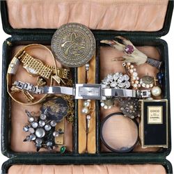 Pair of 9ct gold faux pearl earrings, two silver rings, Grosse brooch, silver-gilt Majorica pearl necklace and earrings, compact mirrors and a collection of costume jewellery