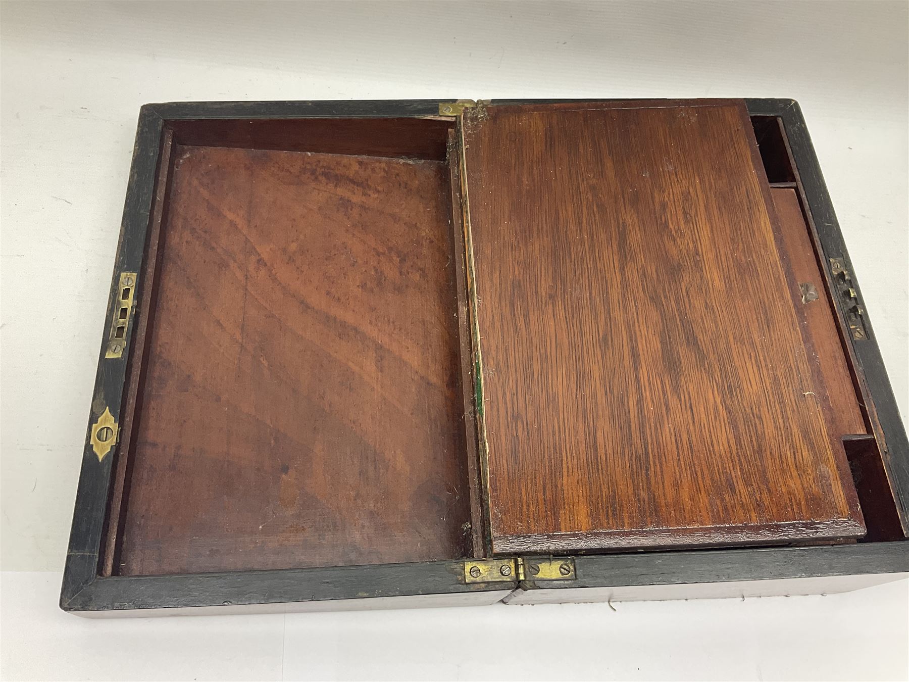 Victorian walnut and parquetry banded work box with brass shield and escutcheon, L30cm, together with mahogany writing slope with green baize writing surface, L35cm