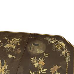 Chinoiserie style gate leg table, with gilt painted floral design, raised on bobbing supports, on sled feet