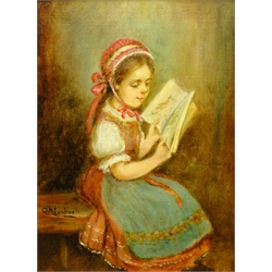 A Meszaros (Hungarian 20th century): Portrait of a Girl Reading, oil on board signed 30cm x 22cm