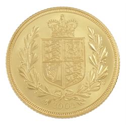 Queen Elizabeth II 2002 'Golden Jubilee' gold proof shield back full sovereign coin, cased with Royal Mint certificate